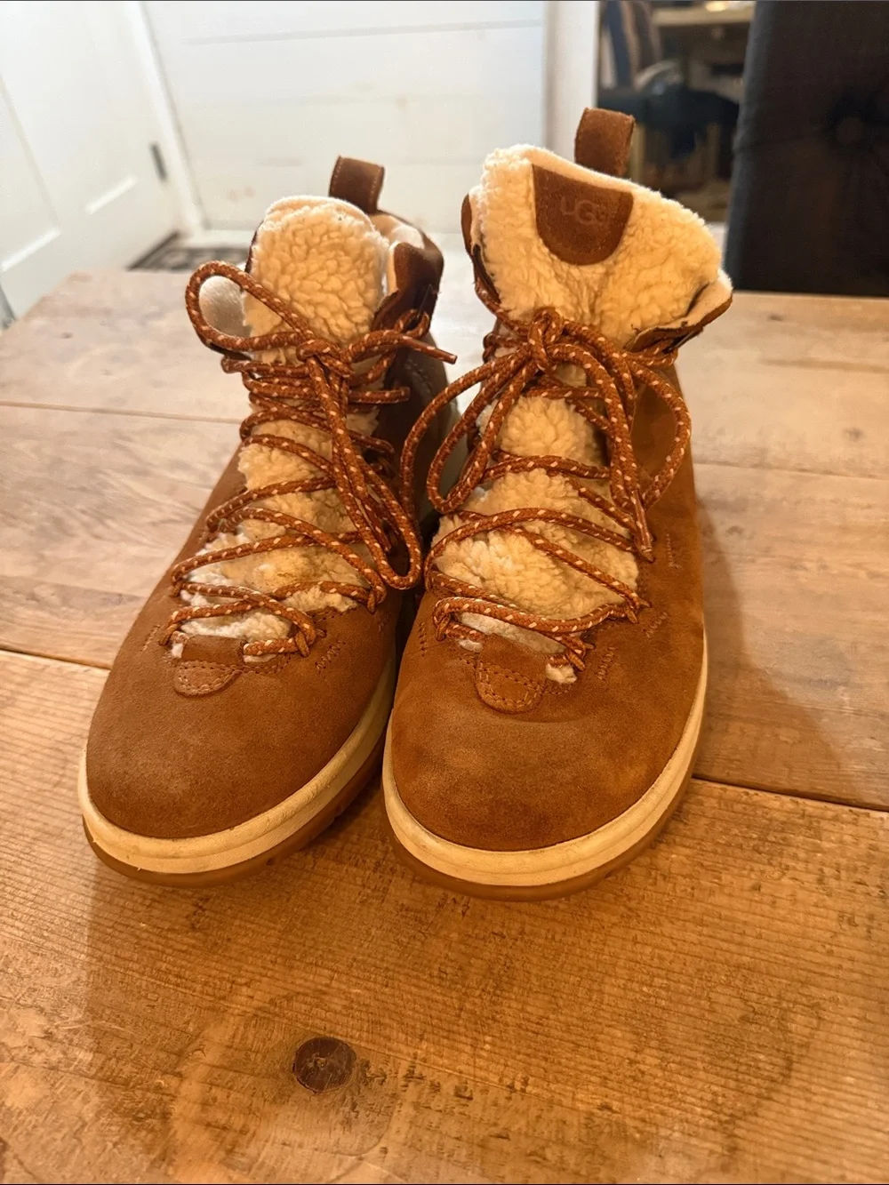 UGG Chestnut Suede Lace-Up Winter Boot with Shearling Trim